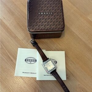 Fossil Silver Watch with Brown Leather Strap